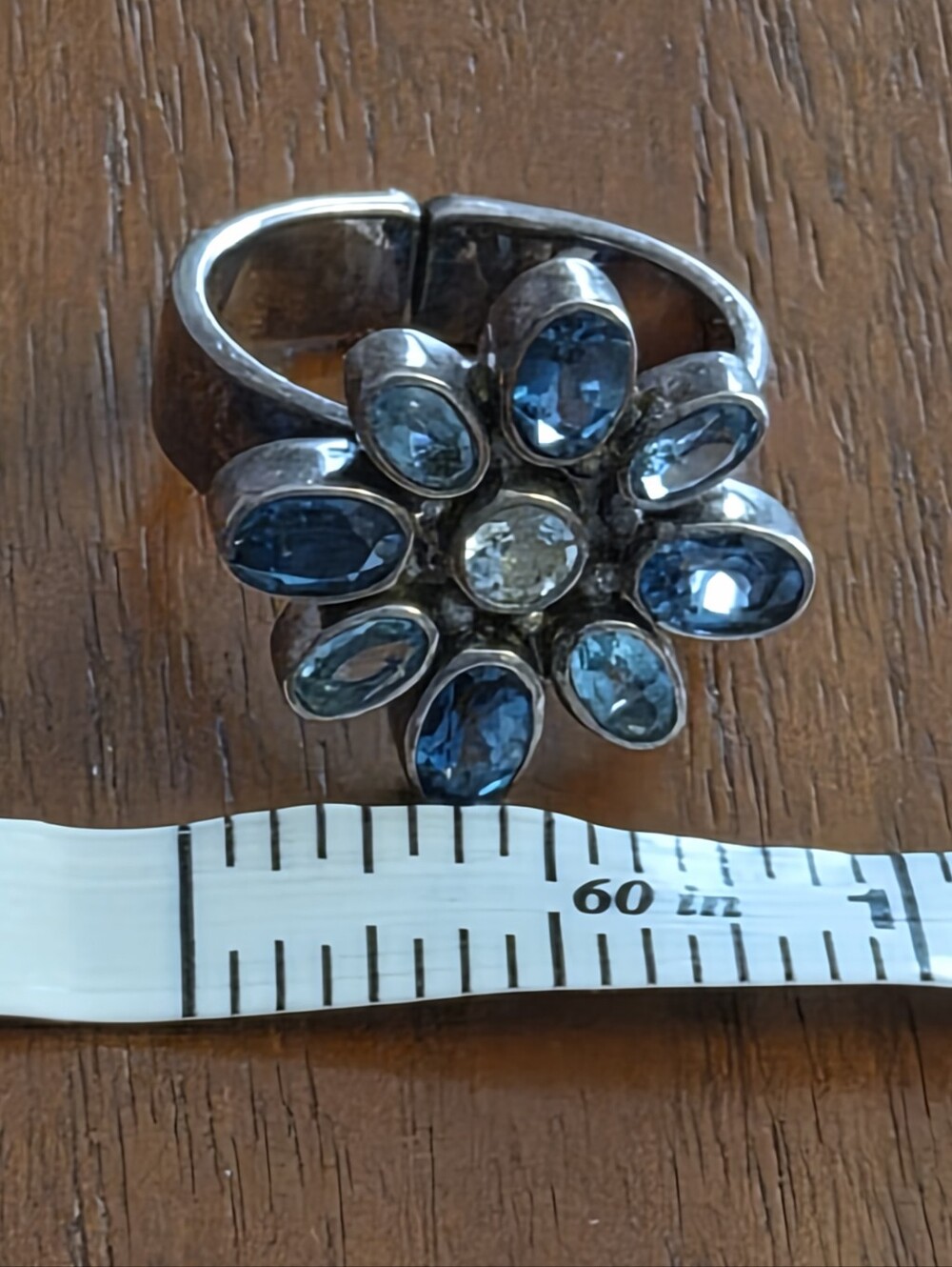 A Vintage Sajen Flower Blue And White Topaz Silver Ring.